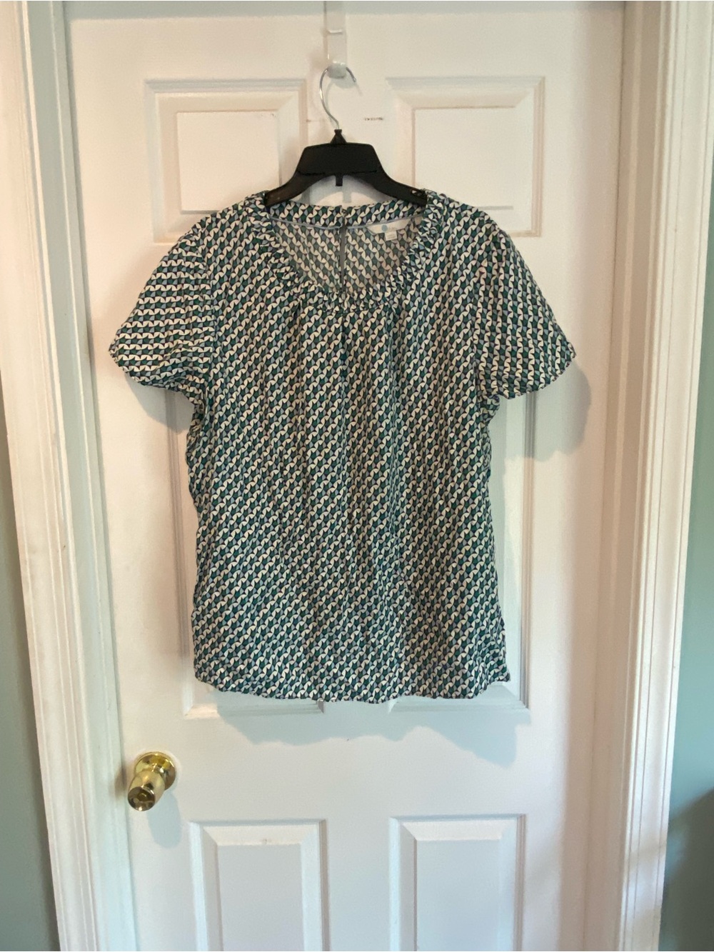 Boden Teal and White Short Sleeve Printed Blouse